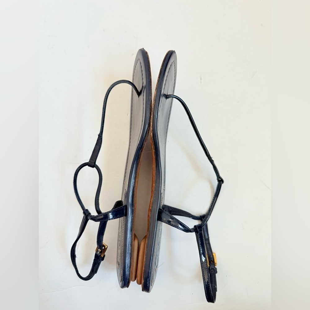 Prada Dark Navy blue leather T strap square toe flat thong sandals EU 38 - Picture 3 of 9